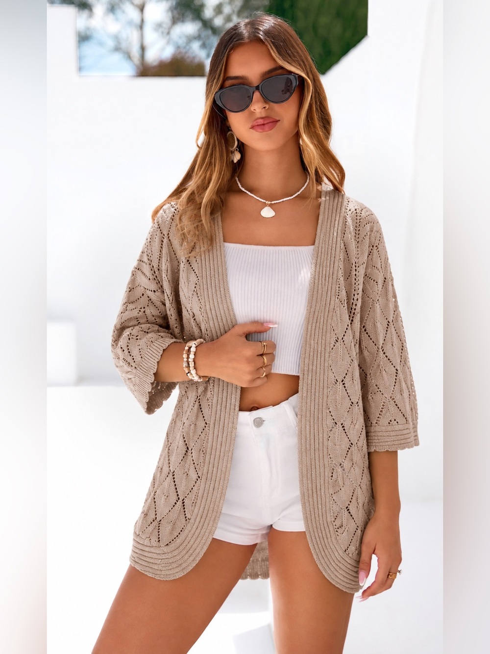 TRADITION | Open-Front Cable Knit Cardigan - Beige Metallic